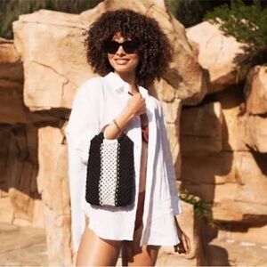 NWT Laude The Label Gabby Mini Black & Off White Macrame Hand Bag